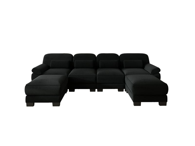  Canapé modulable en u 4 places 336 x 161 x 94 cm, avec 2 poufs, assise profonde, coussins épais, velours côtelé noir  - Conforama A