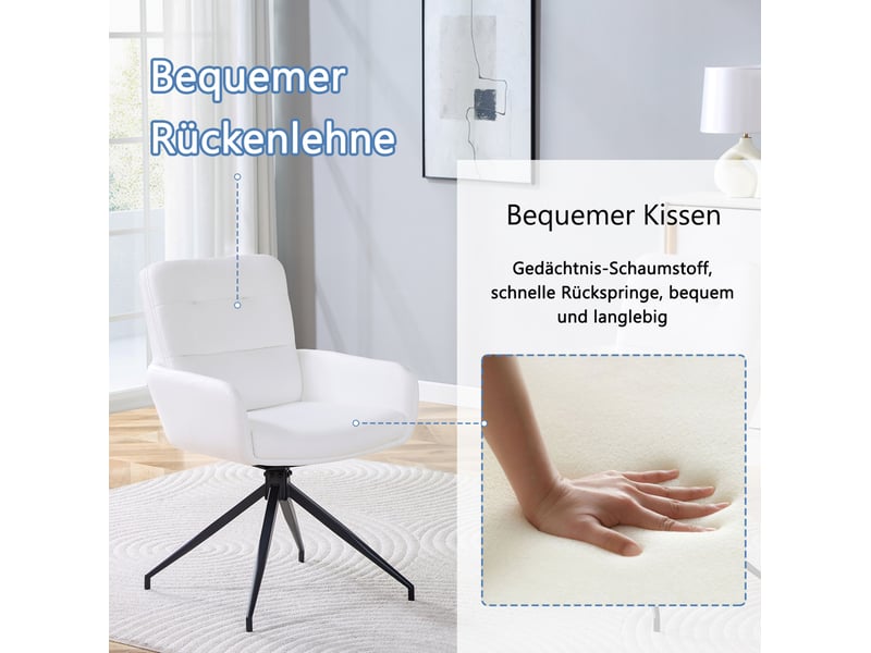  Chaise de salle à manger pivotante lot de 2 avec accoudoirs et dossier capitonné en pu blanc et métal noir  - Conforama E