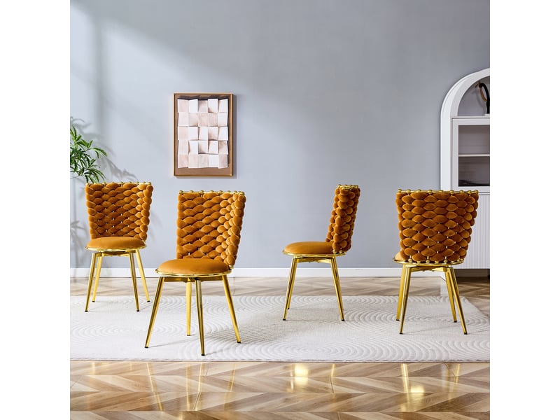 Lot de 2 chaises de salle à manger avec dossier tressé - pieds en métal doré, velours orange 62,0 × 58,0 × 51,0 cm - Conforama C