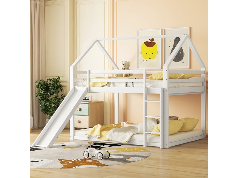  Lit cabane superposé 140x200 cm, lit enfant avec toboggan et échelle de sécurité, structure en bois massif pour chambre, blanc et gris  - Conforama R