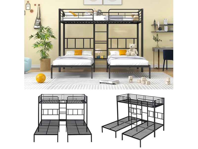  Lit superposé triple 90x200 cm, 3 couchages, échelle, barrières de sécurité, design minimaliste, métal noir  - Conforama D