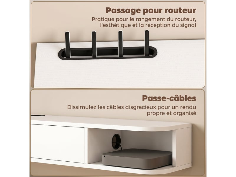 Meuble tv suspendu, meuble télé pour téléviseur jusqu'à 60 pouces, tiroir rabattable, 140x24x16cm, 2 étagères, blanc  - Conforama R