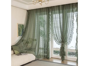 Rideau voilage bohème en dentelle 150 × 175 cm, ourlet volanté, finition à volants, poche passe-tringle, rideau décoratif pour chambre et cuisine