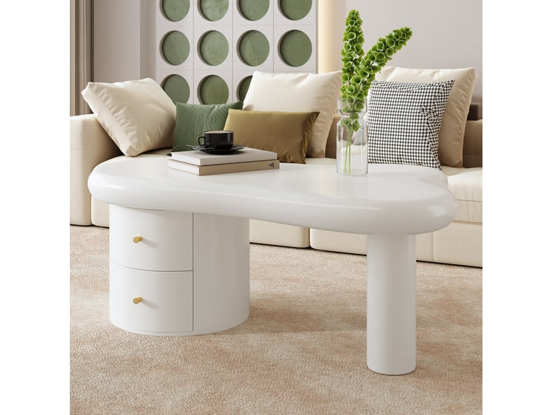  Table basse forme irrégulière 97x64x42 cm, 2 tiroirs, angles arrondis, poignées en alliage d’aluminium, mdf blanc  - Conforama B