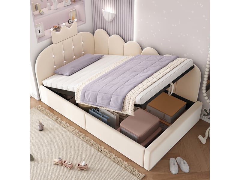  Modenvie lit banquette 90x190 cm - avec rangement hydraulique, sans matelas, velours rembourré - beige  - Conforama D