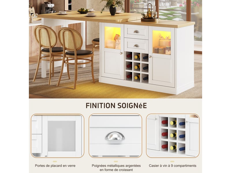  Îlot de cuisine extensible 120-197 x 40 x 72 cm, plateau pivotant à 360°, led 3 couleurs, 2 tiroirs, casier 9 bouteilles, blanc  - Conforama E