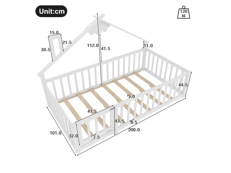  Lit simple plat, 90 x 190 cmt, barrière de sécurité, barrière avec verrou, bois de pin, blanc  - Conforama D