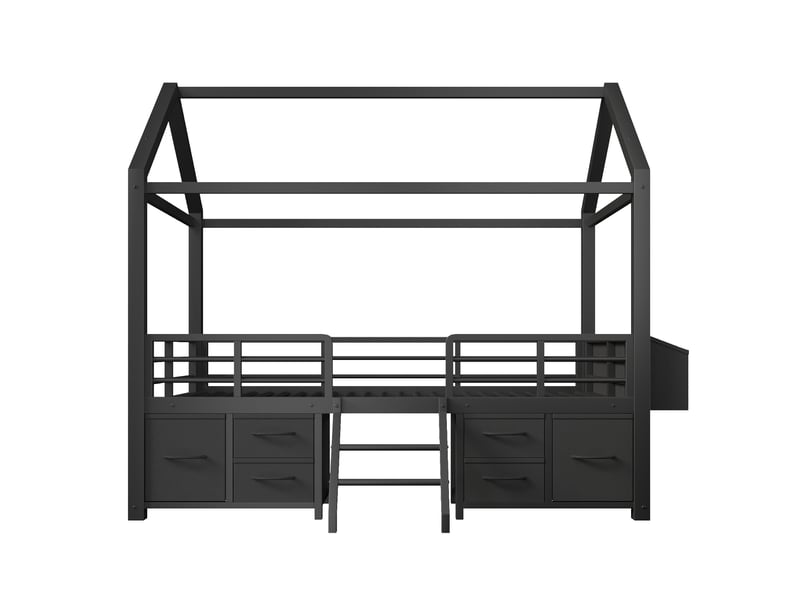  Lit mezzanine enfant 90x200 cm avec tiroirs en tissu et led, métal noir, sans matelas  - Conforama E