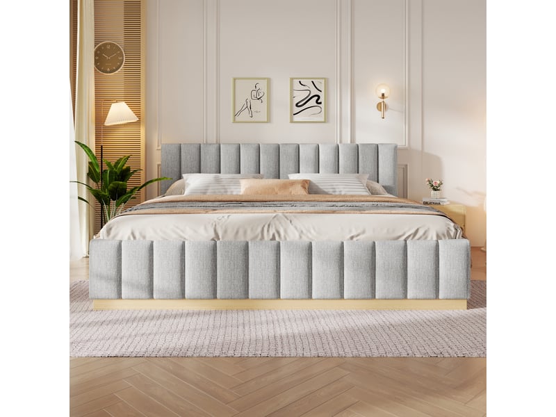  Lit double rembourré 180x200 cm avec tête de lit rembourrée, sommier à lattes inclus, couchage 2 places pour chambre, sans matelas, chenille gris Seren Glow - Conforama D