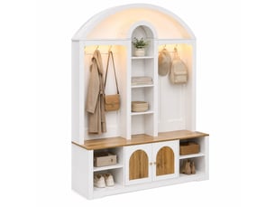 Vestiaire d'entrée tcqpz avec rangement chaussures, étagères, crochets et led usb 150 x 40 x 195 cm mdf blanc décor bois