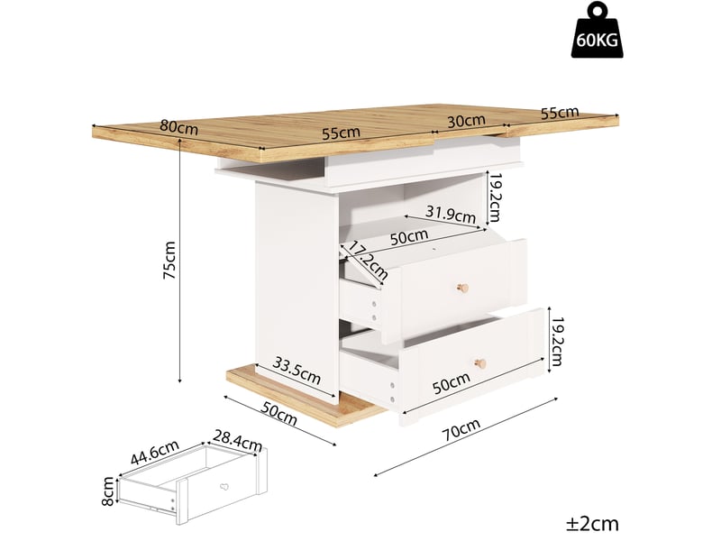 Table de salle à manger extensible, 110-140x80 cm, 4-6 places pour 4-6 personnes, repas, mdf, coloris blanc et naturel  - Conforama C