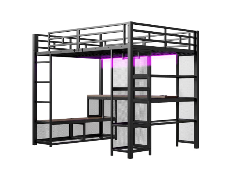  Lit mezzanine métal 140x200 cm - rangements, armoire ouverte, usb et led - noir  - Conforama E