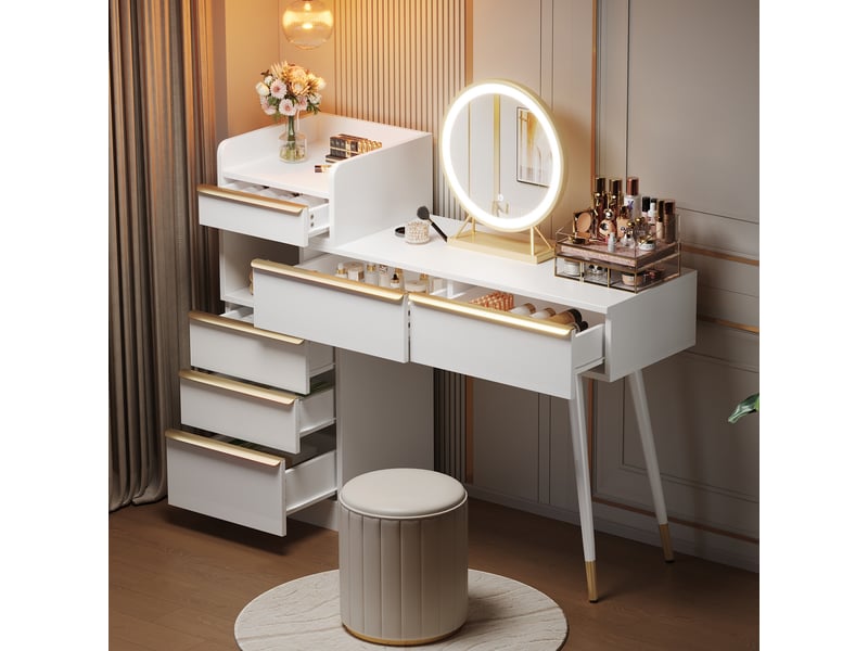  Coiffeuse moderne 102x99x41,5 cm avec miroir led dimmable, 6 tiroirs et poignées dorées, panneau de particules, blanc  - Conforama B
