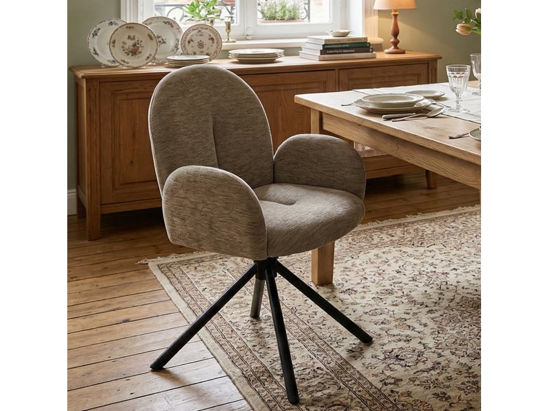 Lot de 2 chaises de salle à manger pivotantes avec accoudoirs en chenille taupe et pieds en métal noir - Conforama C
