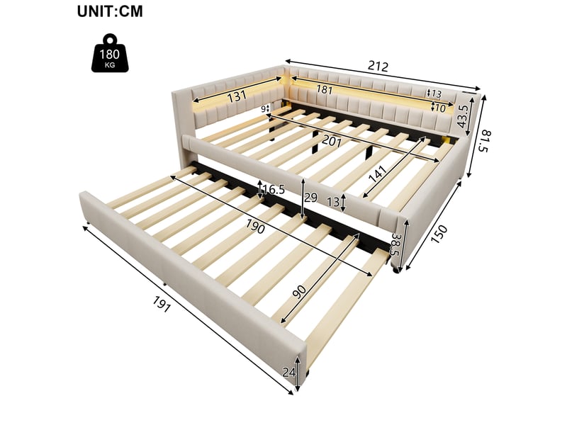  Lit gigogne 140x200 cm led usb type-c mdf beige sans matelas, éclairage télécommandé, lit extensible, revêtement lin  - Conforama C