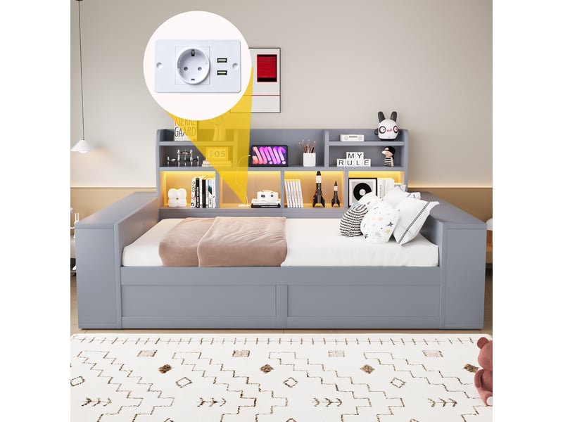  Lit banquette 90 x 200 cm, rangement hydraulique, niches et étagères, prise intégrée et éclairage led, gris evarich - Conforama D