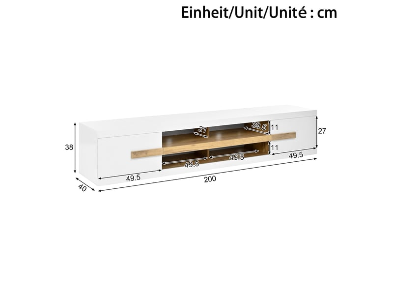  Meuble tv 200x40x38 cm, banc tv, meuble télévision, salon, éclairage led, 2 portes, rangement, panneaux de particules, blanc CozyNest - Conforama C