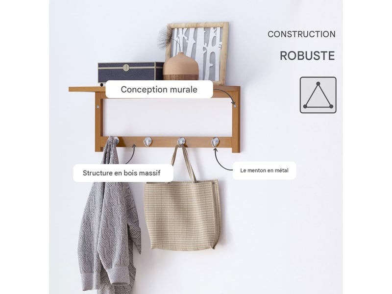  Porte-manteau mural avec 4 crochets et étagère bois naturel 50x16x17,5 cm  - Conforama E