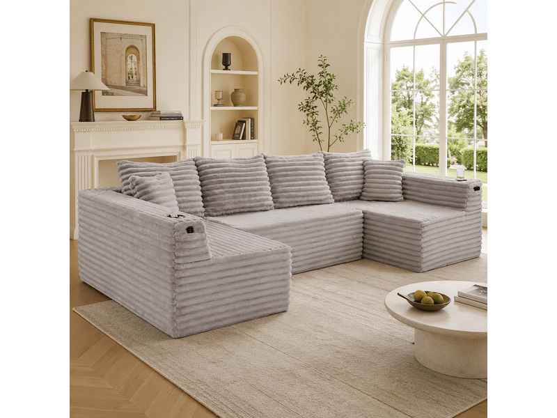  Canapé modulable en u en velours côtelé, 4 coussins de dossier et porte-gobelets, assise profonde pour le salon  - Conforama C
