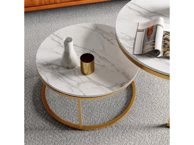  Table basse ronde – set de deux  – bois cadre doré – plateau effet marbre – 80+60 cm  - Conforama D
