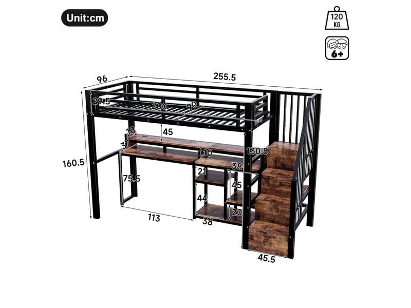  Lit mezzanine 90 × 200 cm 1 place avec armoire-échelle, étagères, usb, usb-c et led, sans matelas, noir  - Conforama D