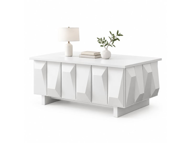  Table basse avec rangement et 3 portes - lpospi - façades géométriques 3d en panneaux de particules blancs  - Conforama A