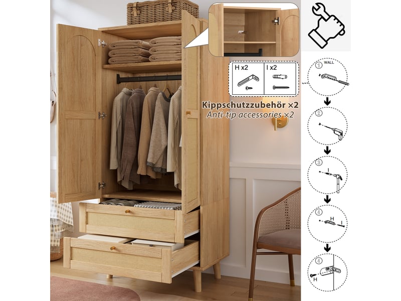 Armoire de rangement avec penderie et 2 tiroirs - lpospi - portes effet rotin mdf naturel 80 × 50 × 180 cm - Conforama E