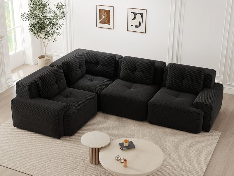  Canapé modulable d’angle grand format en velours côtelé noir, sans montage  - Conforama B