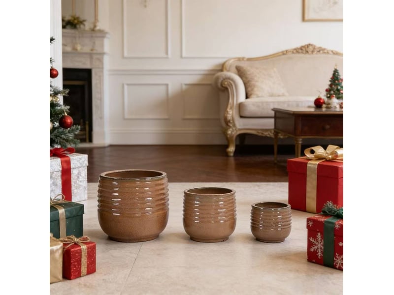  Lot de 3 pots de fleurs en céramique ø 362620 cm – marron clair brillant – drainage intérieur extérieur  - Conforama B