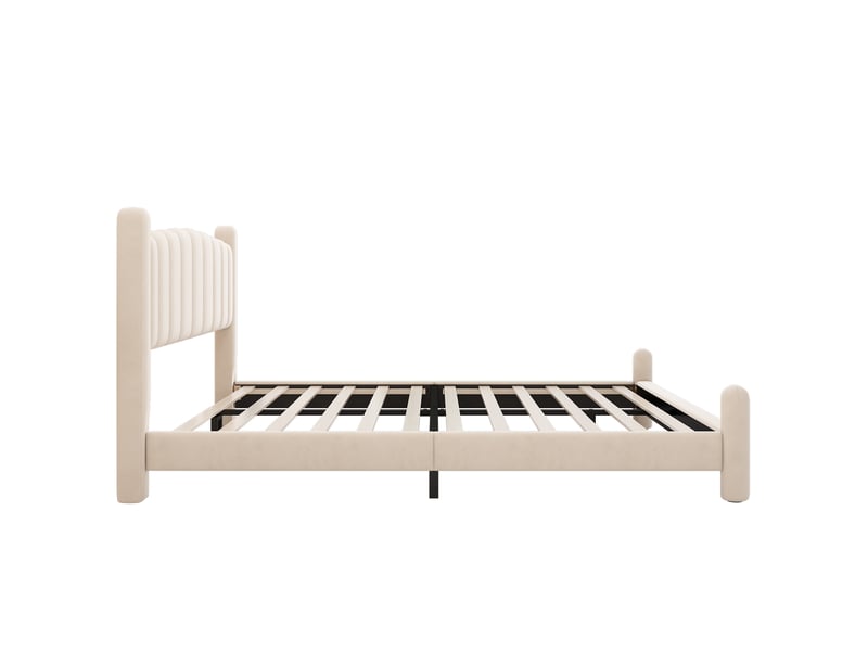  Lit adulte rembourré 160x200cm,lit double en velours avec tête de lit en forme d'éventail et pieds de support cylindriques,beige lit adulte beige - Conforama E