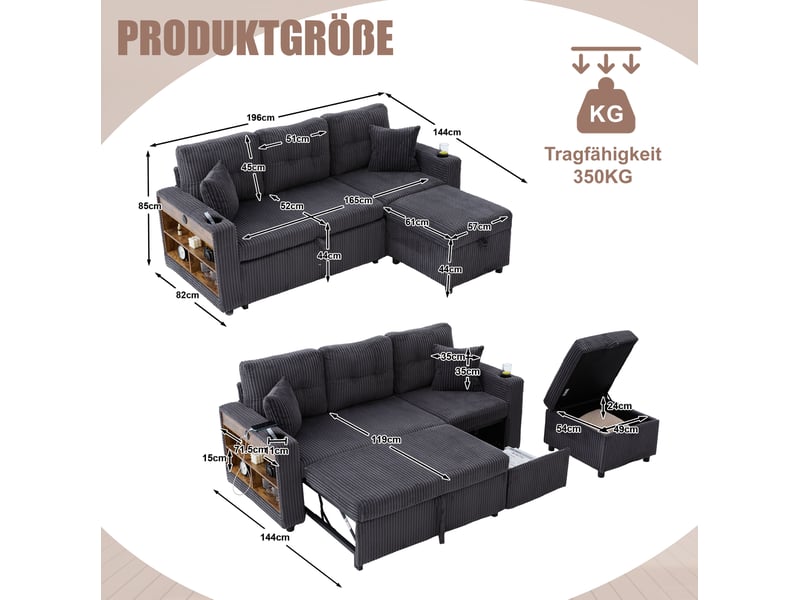  Canapé 3 places 196x82–144x85cm coussins douillets lumières led prise usb‑c intégrée velours côtelé gris foncé  - Conforama C