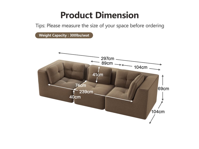  Canapé d'angle modulaire sans cadre avec assise profonde et confort moelleux, pour salon, en corduroy brun  - Conforama E