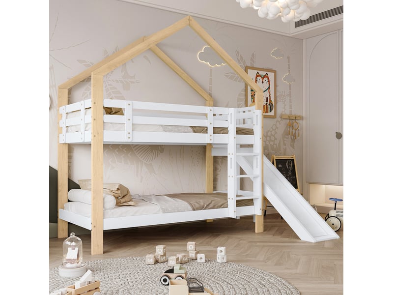 Lit superposé enfant 90x200 cm avec toboggan et échelle, blanc et naturel - Conforama E