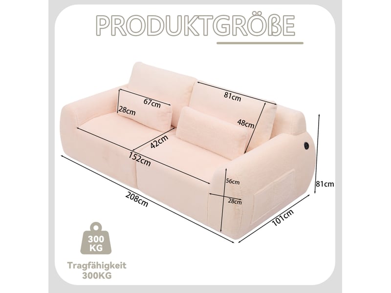  Canapé 2 places 208x101x81 cm rose en mousse, ports usb intégrés et poche latérale, format compact  - Conforama C