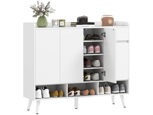 Meuble à chaussures sans poignées, 4 portes, 4 étagères réglables, autoportant avec 5 pieds en bois, bois, blanc