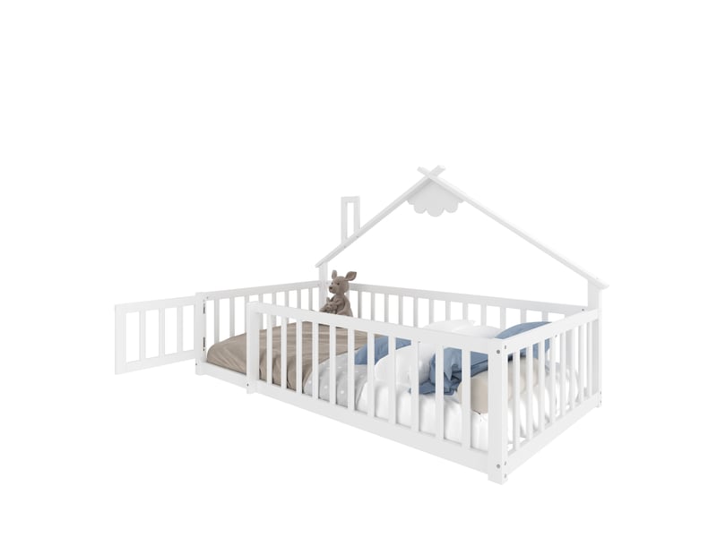 Lit enfant 90x190 cm, forme de maison, garde-corps, sommier, pin blanc, sans matelas - Conforama A