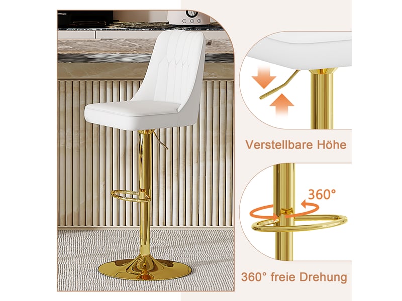 Lot de 2 tabourets de bar réglables,44x44 cm,similicuir et métal doré,blanc - Conforama D