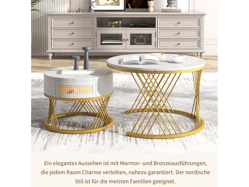 Tables basses 70x70x45,5 et 50x50x38,5 cm gigognes, tiroir aspect rotin, mdf décor marbre et métal, blanc et doré ABC - Conforama E
