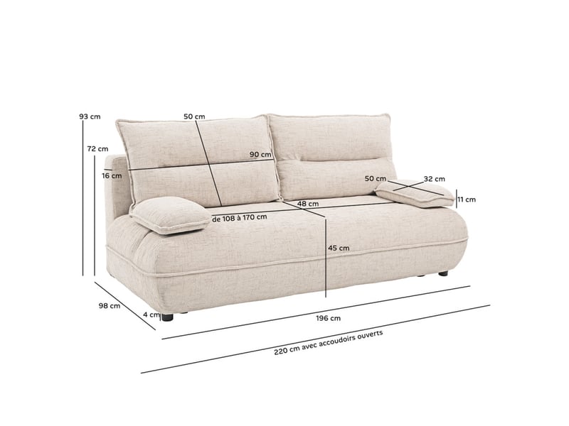 Canapé droit convertible 3p tissu beige accoudoirs amovibles – ramona - Conforama D