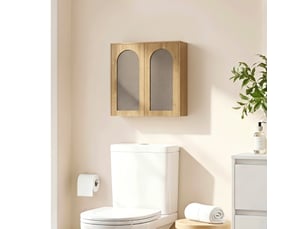 Armoire murale de salle de bain bohème avec 2 portes effet rotin à fermeture douce et étagère réglable, chêne