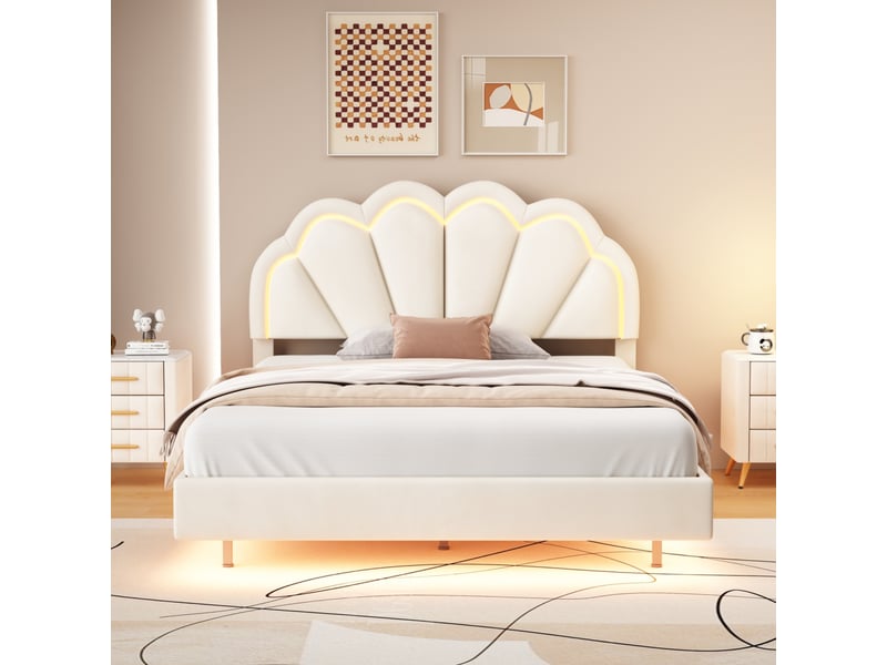  Lit double 140 x 200 cm avec led,lit princesse,lit enfant 140 x 200 cm, lit rembourré ,sommier à lattes,beige,velours  - Conforama D