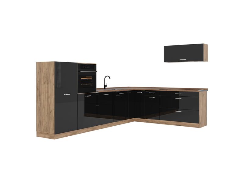 Vicco cuisine en angle, noir haute brillancechêne doré, 327 x cm plan de travail chêne doré - Conforama A