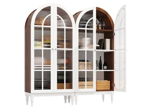 Buffet de cuisine vitrine 165 cm avec portes en verre strié, finition noyer et blanc