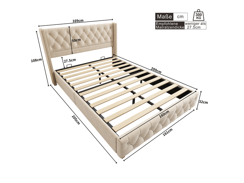  Lit capitonné 160 x 200 cm avec sommier à lattes et tête de lit, capitonnage à boutons et clous décoratifs, pieds en bois, velours, beige clair  - Conforama C
