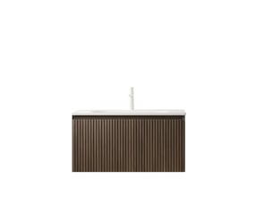 Meuble sous vasque suspendu 1 tiroir fermeture douce avec vasque intégrée pour salle de bain brun chêne 80 × 46 × 41,8 cm