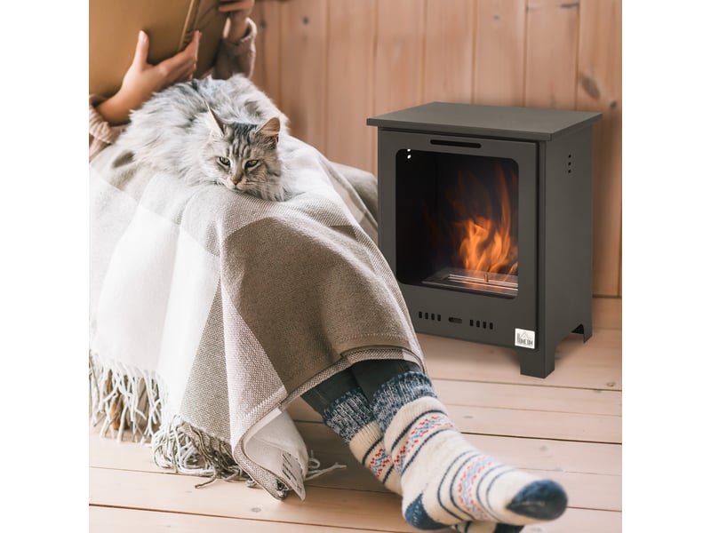  Cheminée bioéthanol sur pieds brûleur 0,9 l, 3h de durée de combustion style néo-rétro poêle dim. 40l x 30l x 50h cm couverture 20-25 m² noir  - Conforama D