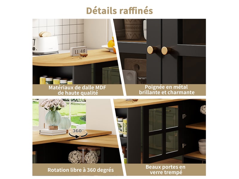  Table de bar 138-204x39x102,5 cm pivotante avec portes verre, noir et bois  - Conforama D