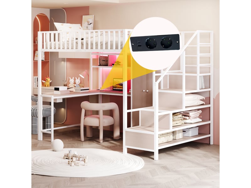  Lit enfant 140x200 cm avec éclairage led, lit mezzanine, lit double avec bureau et tiroirs, lit 2 personnes, blanc  - Conforama W