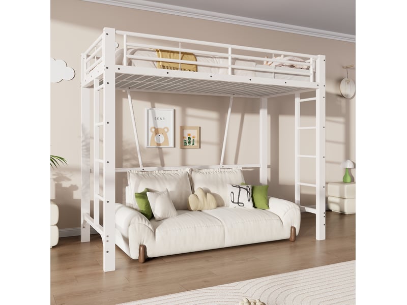 Lit mezzanine 90x200 cm en métal avec double échelle coloris blanc - Conforama D