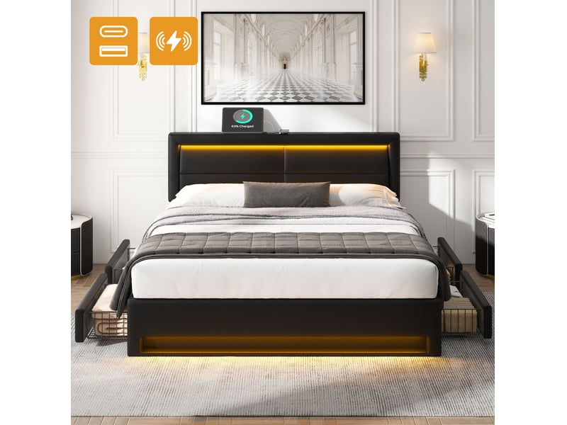  Lit rembourré tcqpz 140 x 200 cm avec usb chargement sans fil et filaire led 4 tiroirs sommier à lattes pu noir sans matelas  - Conforama E